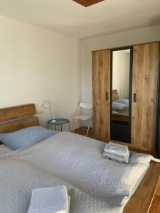 a bedroom with two beds and a mirror at Ferienwohnung Klosterblick in Ühlingen-Birkendorf