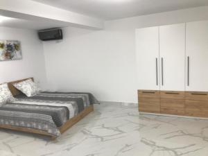 a bedroom with a bed and a wooden cabinet at Casa Bacestianu in Buzău