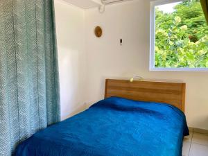 a bedroom with a blue bed and a window at Residence Soleil Demery in Terre-de-Bas