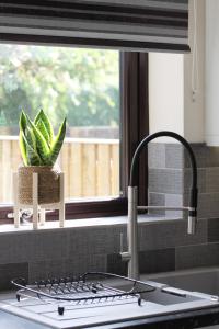 a kitchen sink with a faucet and a plant in a window at City Centre Town House with Riverside Views and Free Parking 1BAK in York