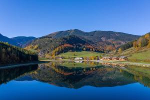 a reflection of a mountain in a body of water at CHALET am Schneeberg See in Puchberg am Schneeberg
