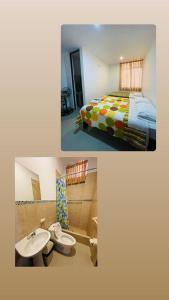2 fotos de un dormitorio con cama y baño en Keylas Hotel, en Ica