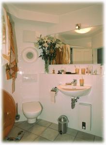 a pink bathroom with a toilet and a sink at Appartmentvermittlung Sommerwind in Binz