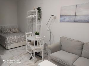 sala de estar con sofá, silla y mesa en Estudio 2 personas Wifi fácil acceso centro de Madrid, en Madrid