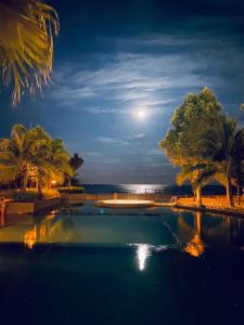a swimming pool at night with the moon in the sky at Timurbay Lavender Homestay in Kampung Sungai Karang