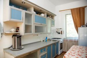カメンノモスツキーにあるGuest House Edelveysのキッチン(青と白のキャビネット、冷蔵庫付)