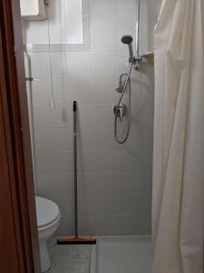 a bathroom with a shower curtain and a toilet at Pallanza centro in Verbania