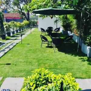 einen Garten mit Stühlen, einem Regenschirm und Gras in der Unterkunft Elegant holiday homes Coorg in Madikeri