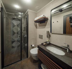 a bathroom with a shower and a toilet and a sink at Tria Hotel Istanbul-Special Category in Istanbul