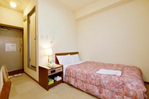 Habitación de hotel con cama y espejo en Sky Heart Hotel Kawasaki, en Kawasaki