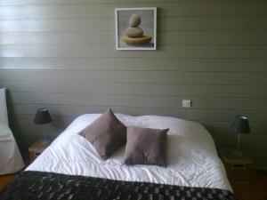 a bedroom with a bed with two pillows and a wall at Chambres d'hôtes vue panoramique proche de Carcassonne in Villardonnel