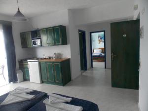 a living room with green cabinets and a kitchen at Annas Studios in Livadia