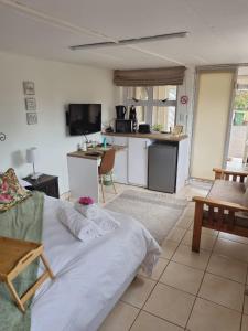 a living room with a large bed and a kitchen at Impunzi Place in Kloof