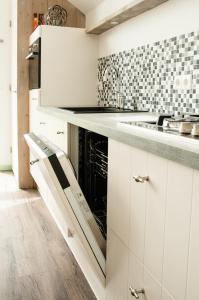 a kitchen with white cabinets and a dishwasher at Beleef het Noorden in Groningen