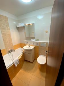 a bathroom with a tub and a toilet and a sink at Byt Malá Úpa in Horní Malá Úpa