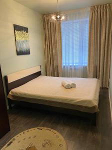1 dormitorio con cama, ventana y alfombra en Апартаменты жк Мамыр, en Aktau