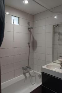 a bathroom with a shower and a sink and a tub at Le Chalet de Gaume in Virton