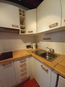 奧里基的住宿－Solar da Cavalariça，厨房配有白色橱柜和水槽