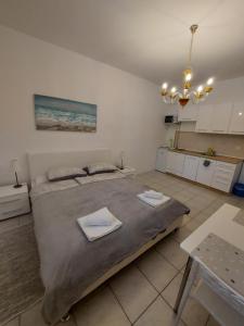 a bedroom with a large bed and a kitchen at Studio apartments Ana & Mia in Vis