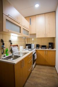 uma cozinha com armários de madeira e um lavatório em Otthon-Laksz apartman em Nyíregyháza