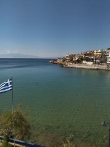 a view of a large body of water with a flag at Ilio Socrates in Skala Marion