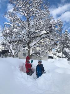 twee kinderen in de sneeuw voor een boom bij Chalet SILVER FOX - Luxus Chalets in Sankt Anton am Arlberg