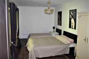 1 dormitorio con cama y lámpara de araña en Forest house for family en Lebeniškiai