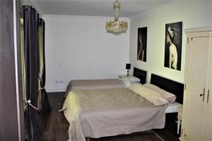 a bedroom with a bed and a chandelier at Forest house for family in Lebeniškiai