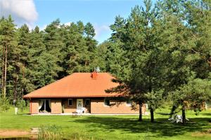 una casa con techo naranja en un campo en Forest house for family en Lebeniškiai