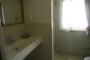 a bathroom with a sink and a glass shower at Agriturismo Casa Preti in Revò