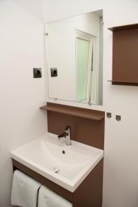 bagno con lavandino bianco e specchio di Tiny House a Enscherange