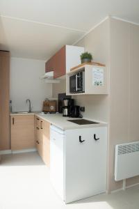 una piccola cucina con armadietti bianchi e forno a microonde di Tiny House a Enscherange