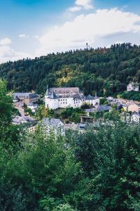 una ciudad en una colina con casas y árboles en Tiny House en Enscherange