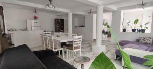 cocina y sala de estar con mesa y sillas en Casa Narcisa, en Băile Herculane