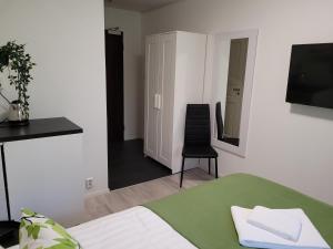 1 dormitorio con 1 cama, 1 silla y TV en Hotelli Salpakangas en Hollola