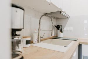 um balcão de cozinha com um lavatório e um sofá em SK Apartments - Sandwood em Gelsenkirchen