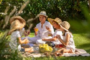 a family sitting on a picnic blanket in the grass at Villa du Pyla in Pyla-sur-Mer