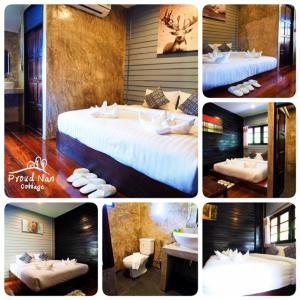 a collage of pictures of a hotel room with beds at Pround Nan Cottage in Nan