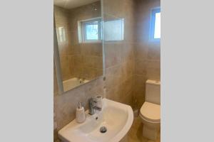 a bathroom with a sink and a toilet and a mirror at Quintenvale House in Kilkeel