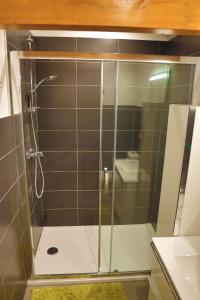 een douche met een glazen deur in de badkamer bij les coquilles in Lanton
