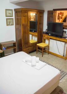 a hotel room with a bed and a television at Strofilia Farm House, Kalogria! The Sea, The Forest, The Sun in Kamenitsotaíika