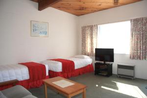 a hotel room with two beds and a television at Coachman's Lodge Motel in Whanganui