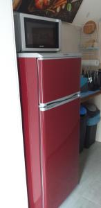 a red refrigerator with a microwave on top of it at Lutzes Ferienhaus in Knittelsheim