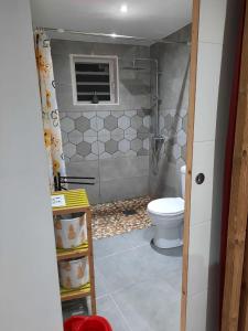 La salle de bains est pourvue d'une douche et de toilettes. dans l'établissement Ti Mango Julie, au Gosier