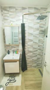 a bathroom with a shower and a sink and a mirror at Apartman Lena in Tuzla +19 photos