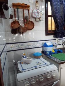eine Küche mit einem Herd und einer Spielzeugente darauf in der Unterkunft Florada na Serra in Monte Verde