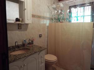 ein Bad mit einem Waschbecken, einem WC und einer Dusche in der Unterkunft Florada na Serra in Monte Verde
