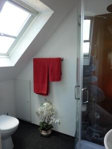 a bathroom with two red towels and a shower at Ferienwohnung Hanna in Longkamp