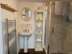 a bathroom with a sink and a shower at Jollys of Goodrich in Goodrich +58 photos