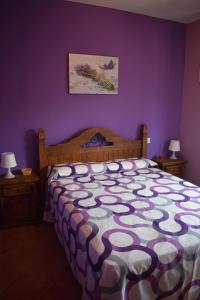 a bedroom with a large bed with purple walls at La Casa del Colmao in Avila +10 photos